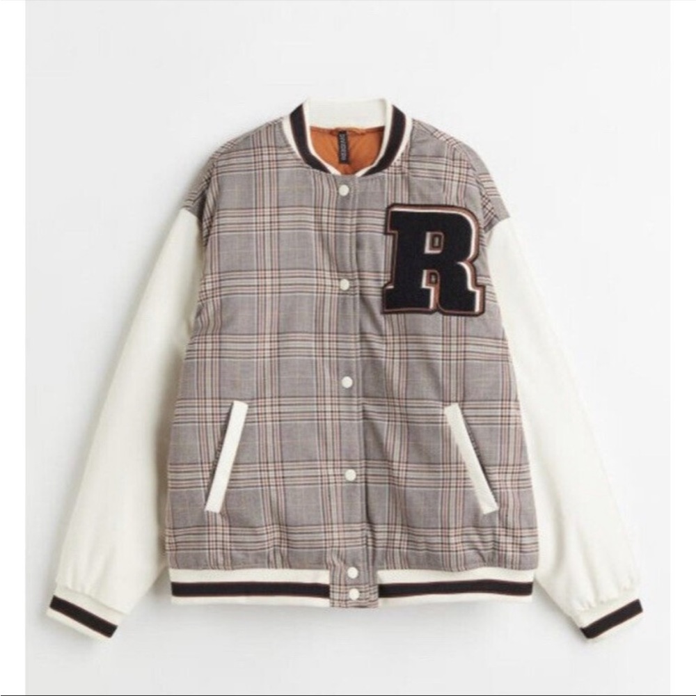 H&M Cream & Brown Plaid R Patch Snap Button Varsity Baseball Jacket Size XXS